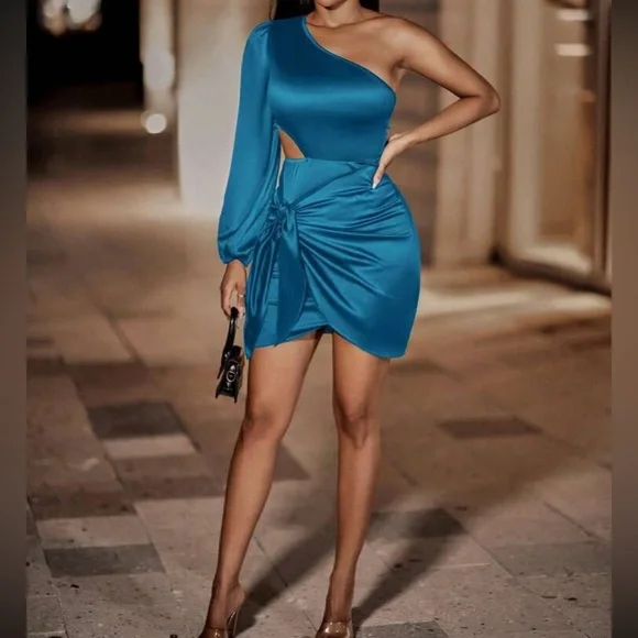 Luxe one shoulder cutout satin bodycon dress - Picture 16 of 16